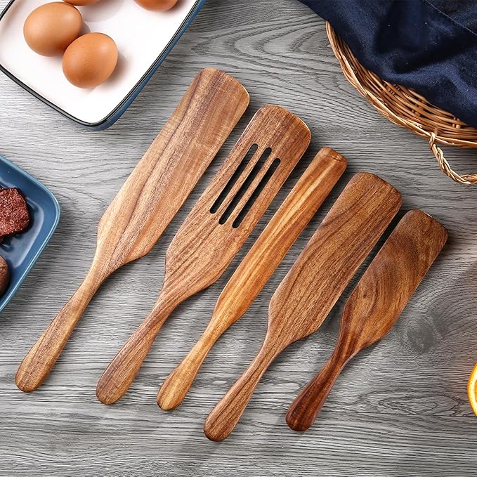 5Pcs Wooden Spurtle Set, Natural Acacia Wood Kitchen Utensils Set for Cooking, Stirring, Mixing, Serving, Heat Resistant Non-Stick, Wooden Spurtles for Mom, Wife Cooking Gifts
