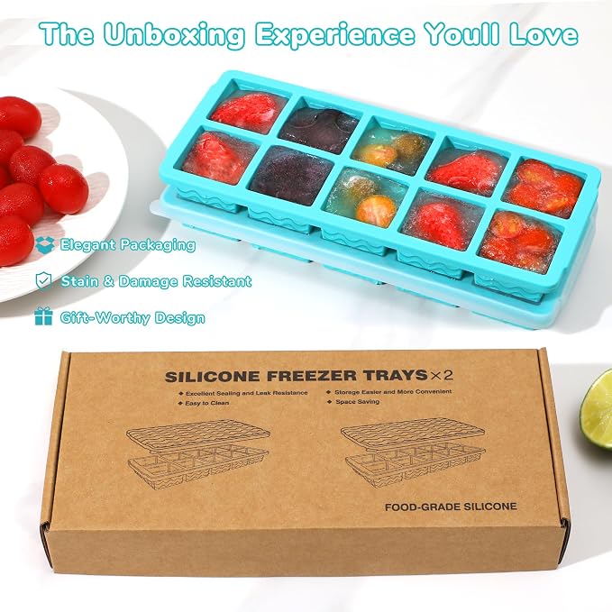 Doasuwish Ice Cube Trays for Freezer with Lids, 2-Tbsp 10-Cube Square Ice Trays, Dishwasher Safe, Covered Ice Molds for Iced Coffee & Cocktails, Freeze 30mL/15mL Portions -2 Pack