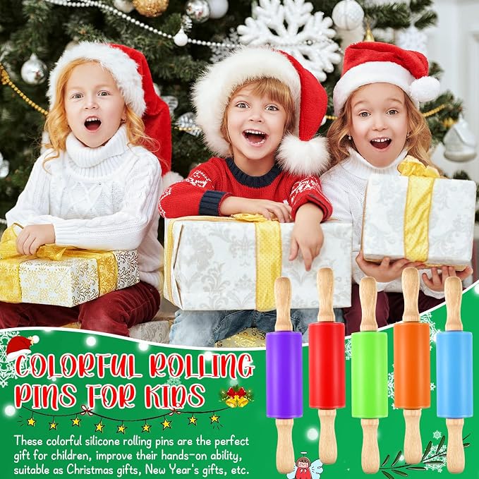 Thenshop 10 Pcs 9 Inch Mini Rolling Pins Kids with Wooden Handle, 5 Colors Silicone Non-stick Small Dough Roller for Kids, Home Kitchen Baking Supplies for Dough Clay Cookie Pastry Cake