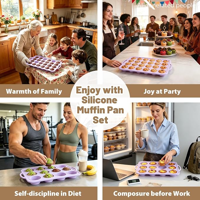 Silicone Muffin Pan Set: Non Stick 12 & 24 Silicone Muffin Pans for Baking Easy Release - Complete Shaping Each Use Avoid Re-baking - BPA-free Cupcake Tin Reinforced Frame for Oven Home Bakers