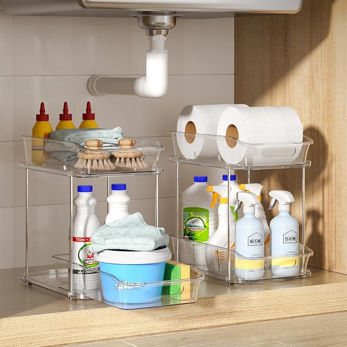 Delamu 2-Tier Under Sink Organizers and Storage, Multi-Purpose Stackable Bathroom Cabinet organizers, Pull Out Kitchen Pantry Organization and Storage with Dividers(3 Pack, Clear)