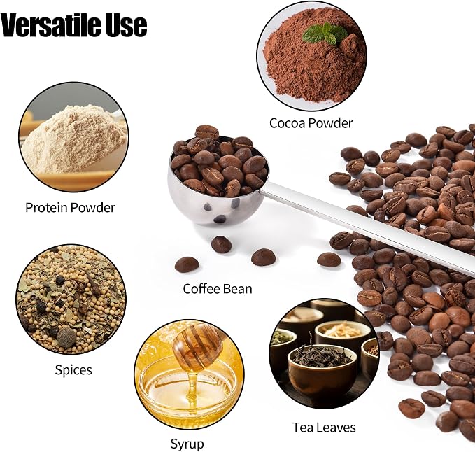 18/8 Stainless Steel Coffee Scoops, Doosu Food-Grade Metal Measuring Spoon with 4.3in Long Handle, Tablespoon Scooper for Coffee Beans, Ground Coffee, Protein Powders, Tea, Sugar (1 & 2 Tbsp)