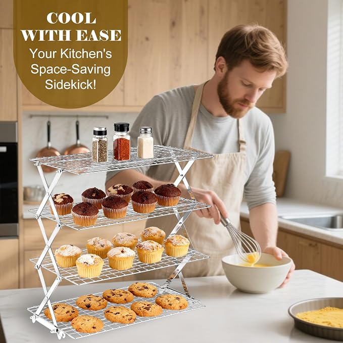 BEWOS 4 Tier Collapsible Cooling Rack - Adjustable Stainless Steel Baking Rack with Leak-Proof Mesh, X-Shaped Structure Cooling Rack for Cooking and Baking, Dishwasher Safe