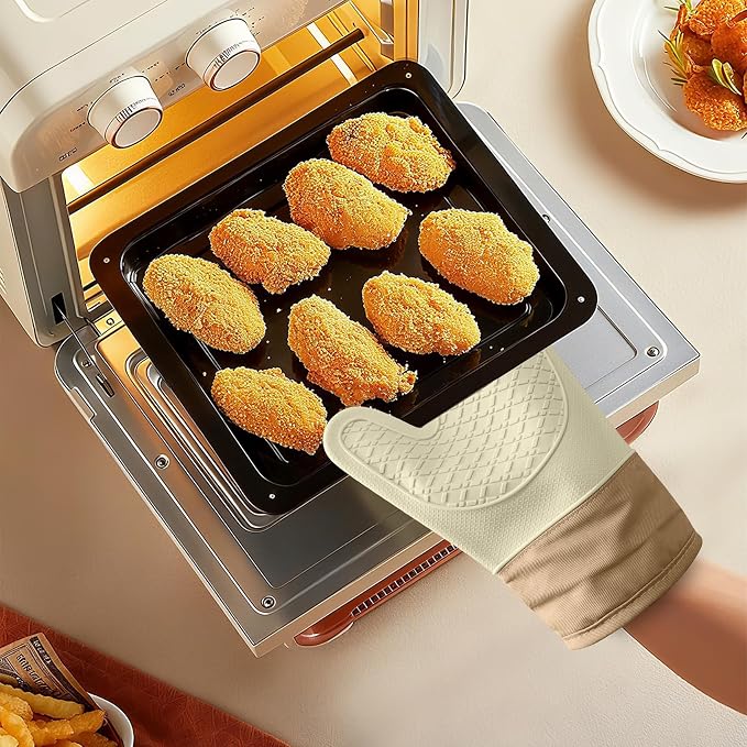 Silicone Oven Mitts,Heat Resistant up to 500°F, Oven Gloves with Soft Lining, Non-Slip Kitchen Essentials, Kitchen Gadgets, Apartment Essentials, Great Gift for Cooking (beige-1pair)