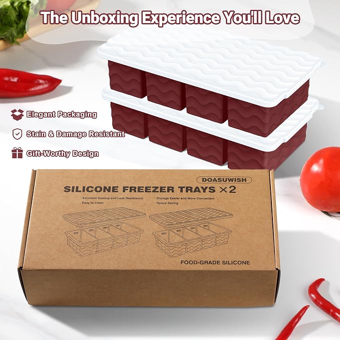 Doasuwish Silicone Freezer Tray for Soup with Lid – 1-Cup Soup Container Style Ice Cube Trays for Freezer, Meal Prep & Food Storage, Freeze 250mL/125mL Portions – 2 Pack