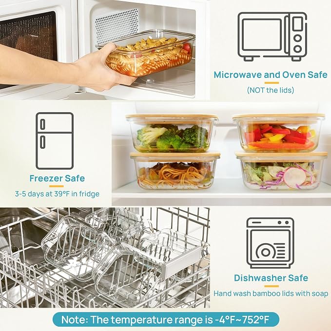 Vtopmart 5 Pack Glass Food Storage Containers with Bamboo Lids, 35oz | Reusable Meal Prep Containers for Leftovers, Lunch & Kitchen Storage, Microwave, Dishwasher Safe Glass Food Containers