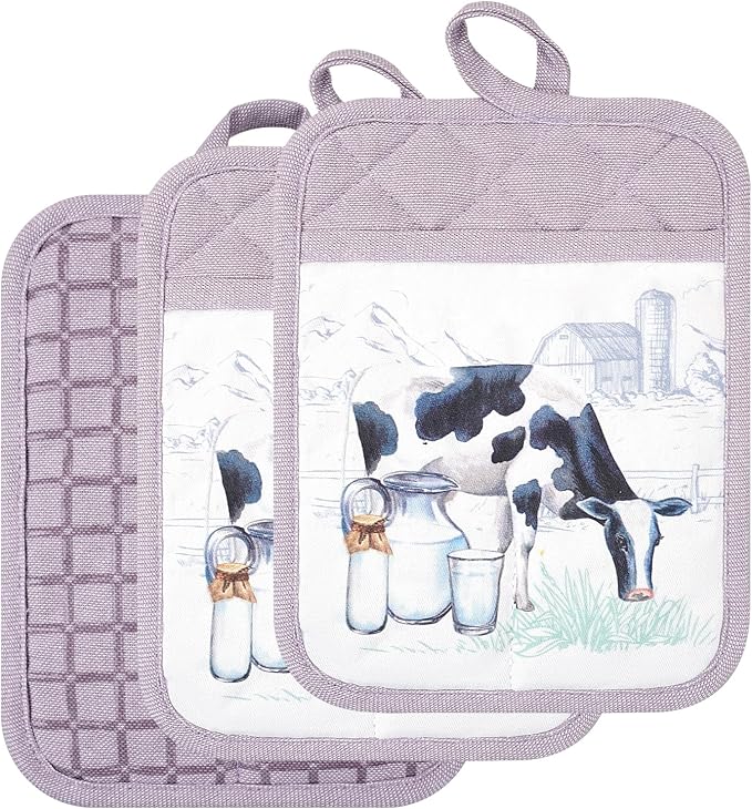 Pot Holders Set of 3 Silicone Printing Non Slip Heat Resistant, Yarm-Dyed Hot Pads Cotton Home Kitchen Cooking Barbecue Microwave Women Men Machine Washable BBQ Grilling. (Purple Potholders)