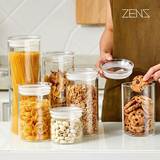 ZENS 15oz Airtight Glass Jars Set of 3, Small Food Container Spice Jars | Thick Borosilicate Clear Glass Kitchen Canisters with Airtight Lids for Herbs, Loose Tea Storage Jars