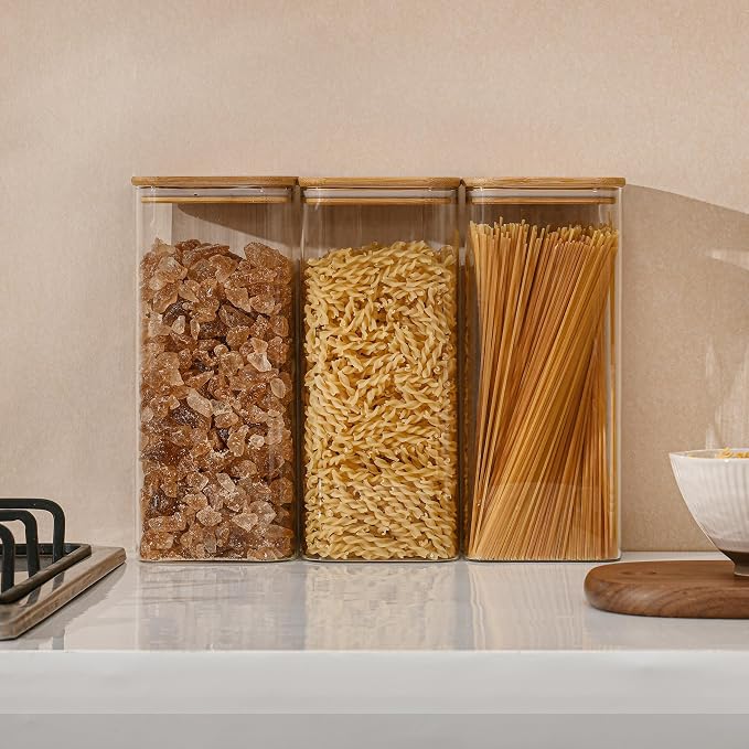 D2scrma 71oz Rectangle Airtight Glass Storage Containers with Bamboo Lids (Set of 4), Square Food Storage Jar, Pantry Organizers for Sugar, Flour, Spaghetti and Coffee beans (with Black Lable)