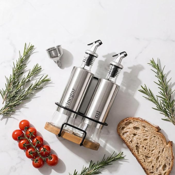 Tebery 2 Pack Olive Oil and Vinegar Bottle Set with Rack and Wooden Base, 10OZ Olive Dispenser Glass Cooking Oil Cruet Bottles with Pourers and Funnel for Kitchen