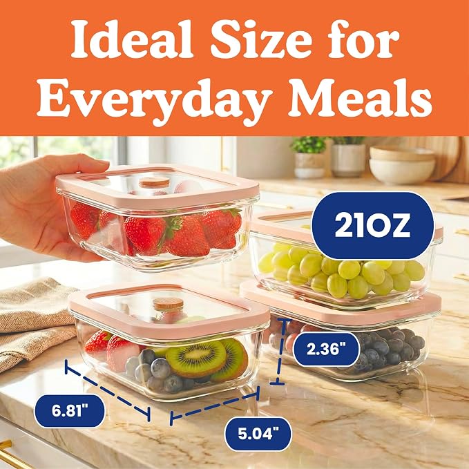 Non-Toxic Glass Food Containers with Lids, 4-Pack, 21 oz, Airtight, Gray | Plastic & BPA free. Glass body, glass lid & platinum silicone seal. Airtight & leakproof. Freezer & microwave safe.