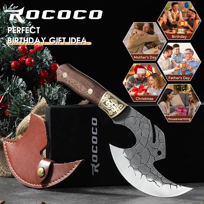 ROCOCO Viking Cleaver Knife Birthday - Full Tang Kitchen Axe Gift Men | Hand Forged Butcher Meat Cutting Boning Knife Home Outdoor BBQ Camping Birthday Father Mother Gift