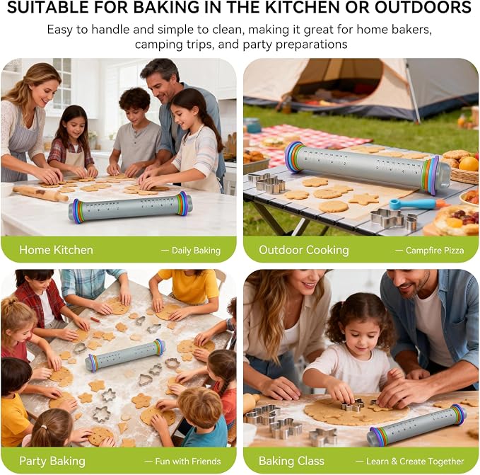 Silicone 9-Inch Adjustable Rolling Pin with 4 Thickness Rings, for Baking,Pizza, Cookie,Pastry, Pie,Baking Supplies for Cookie Fondant Pizza Cake Pasta(Gray)