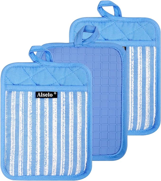 Alselo Silicone Pot Holders Set of 3 Heat Resistant & Non Slip Potholders, Professional Oven Hot Pads with Pockets Mitts for Kitchen Cooking Baking Barbecue (3, Blue)
