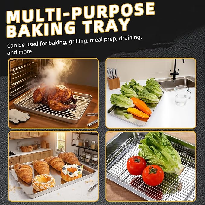4 PCS Stainless Steel Baking Sheet Set 10/12/16 Inch with Cooling Rack | Heavy Duty Rust Resistant Baking Pans Set, Mirror Finish, Easy Clean, Dishwasher Safe for Oven Baking Roasting