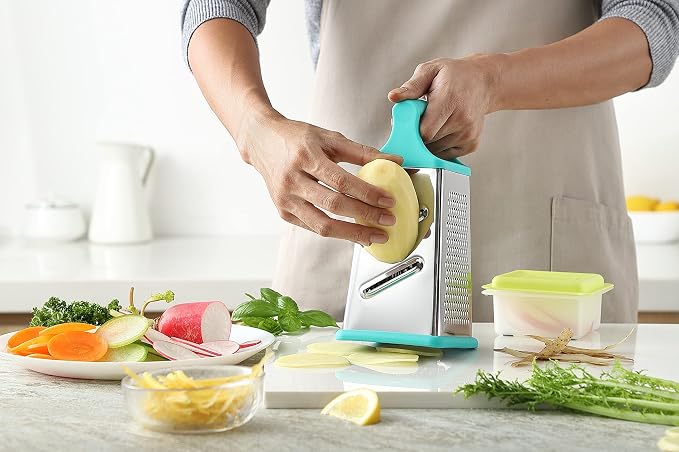 Marco Almond® KYA57B Box Grater,Stainless Steel Grater with 4 Sides,Slicer 5 Piece Set, Potato,Cheese,Cucumber,Salad Vegetables Graters Peelers, Turquoise