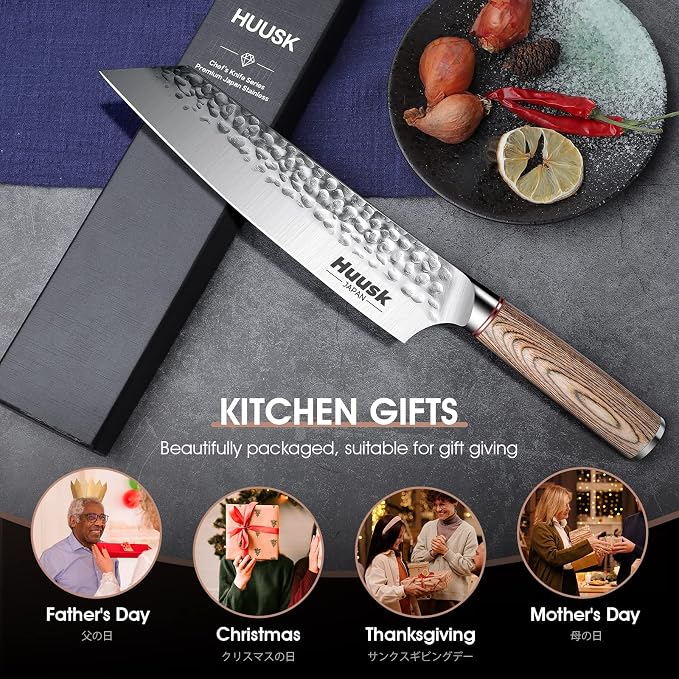 Huusk Japanese Chef Knife for Home & Kitchen - 8" Japanese Kiritsuke Knife for Sushi Fish Meat, Ultra Sharp Cooking Knifes, High Carbon Stainless Steel & Pakkawood Handle, Gift Idea for Men Women