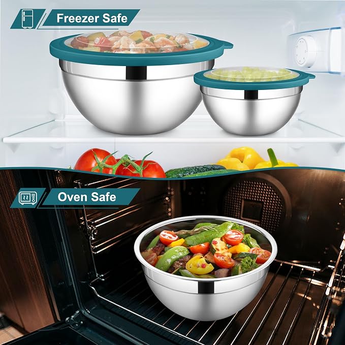 LIANYU 6 PCS Stainless Steel Mixing Bowls, Large 7, 3.5, 2.5, 2, 1.5, 1QT | Deep Metal Nesting Bowls, Kitchen Serving Bowls with Visible Lid, Ideal for Baking Cooking Prepping Food Storage, Dark Blue