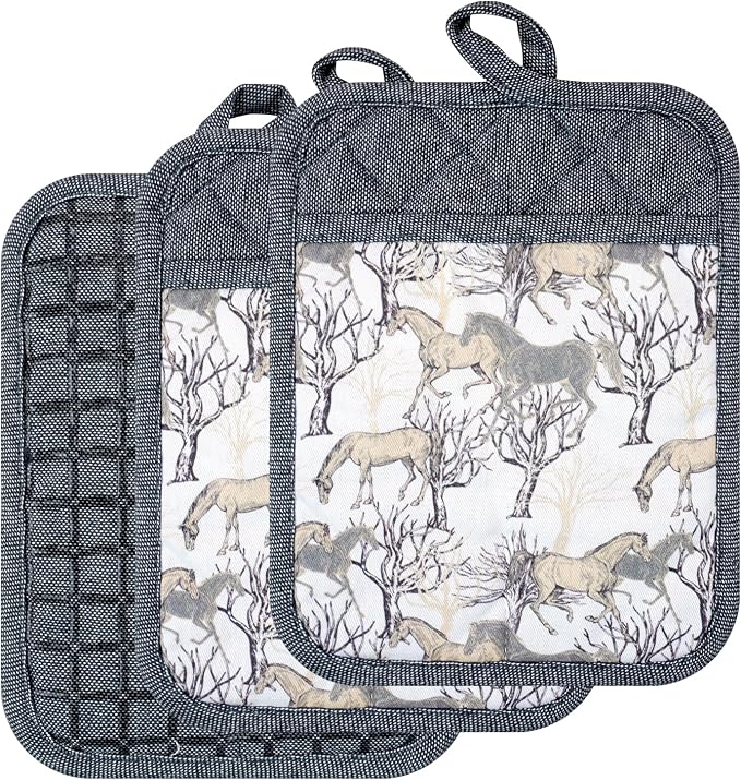 Pot Holders Set of 3 Silicone Printing Non Slip Heat Resistant, Yarm-Dyed Hot Pads Cotton Home Kitchen Cooking Barbecue Microwave Women Men Machine Washable BBQ Grilling. (Gray Potholders)