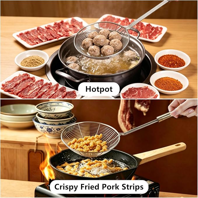 2Pcs Spider Strainer Skimmer, Stainless Steel Wire Strainer Ladle for Cooking and Frying, Kitchen Utensils Pasta Strainer Spoon, 5.4 Inch + 6.1 Inch
