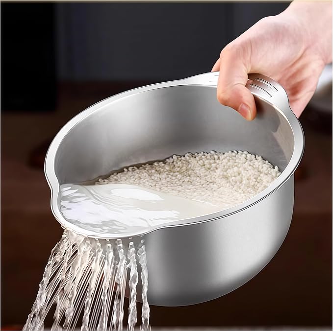 Rice Washer Strainer Bowl, Stainless Steel Washing Bowl for Rinsing Quinoa, Side Drainers Colander for Cleaning Fruits, Vegetables, and Beans - Versatile Kitchen Gadgets