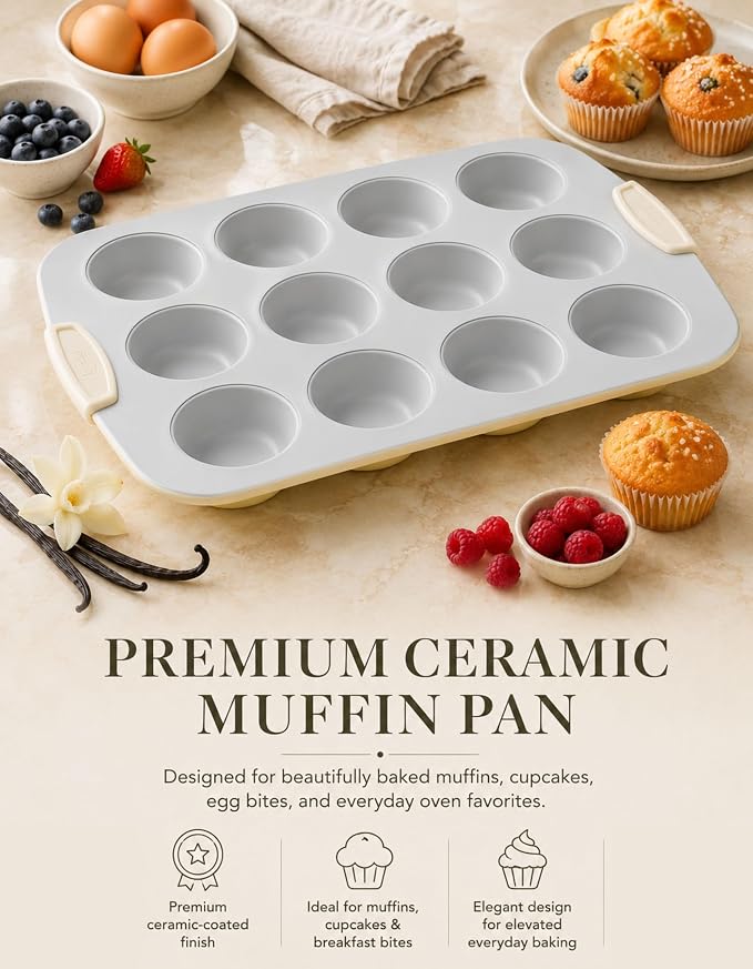 Nonstick Ceramic 12-Cup Muffin Pan, 15 x 10 Inch | Non-Toxic Coating; Rust & Dent Resistant Steel; KFCC Coating; Oven Safe to 550°F