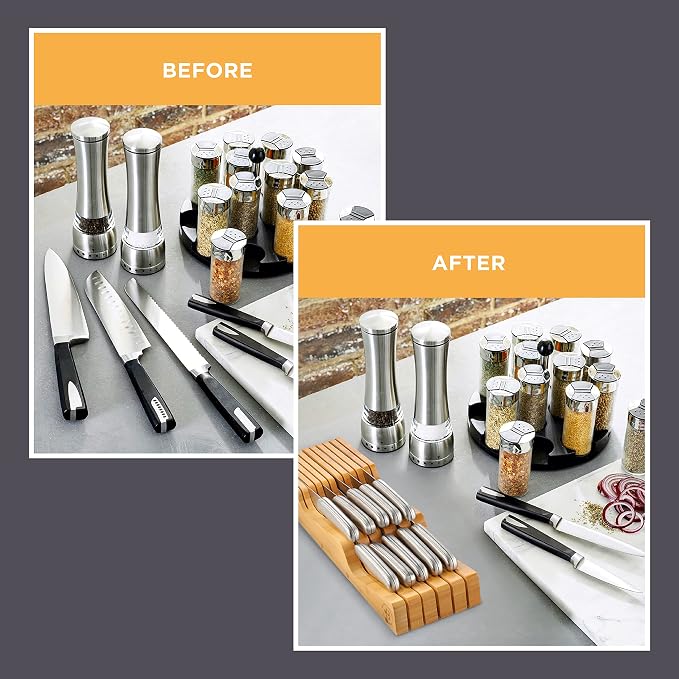 Bambüsi Knife Drawer Organizer - Bamboo Wood In-Drawer Knife Block Holder for Kitchen Drawer, 16 Slot Blade Down Knife Organizer Insert, Fits Chef & Steak Knives, Standard Drawer (Knives Not Included)