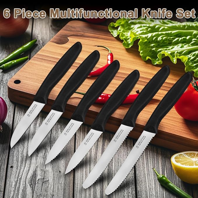 Paring Knife Set 6PCS, Ultra Sharp Kitchen Knife, Cutting & Peeling Knives, Kitchen Knives for Home Essentials, PP Plastic Handle-Black