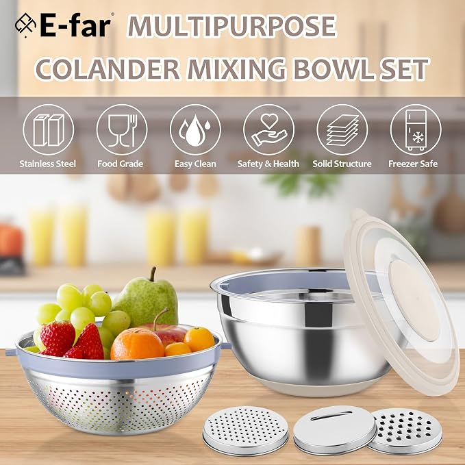 E-far Colander with Mixing Bowl Set, 4-1 Stainless Steel Colander Strainers Bowl with Graters for Kitchen, Rotatable Food Strainer Bowl for Rinsing Fruits Vegetables/Draining Pasta - Khaki