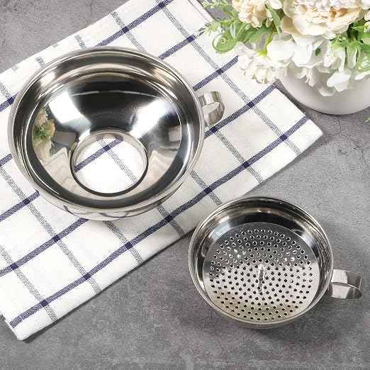 3 Piece Stainless Steel Canning Funnel Set with Strainer, Wide Mouth Mason Jar Funnels for Kitchen, Metal Funnel for Filling Bottles, Canning Supplies for Preserving, Dishwasher Safe