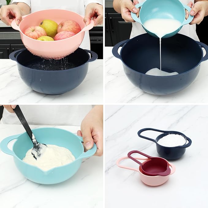 COOK WITH COLOR Nesting Bowls with Measuring Cups Colander and Sifter Set - Includes Mixing Bowls, Colander, Sifter and Measuring Cups, Navy, 8 Pc Bowl