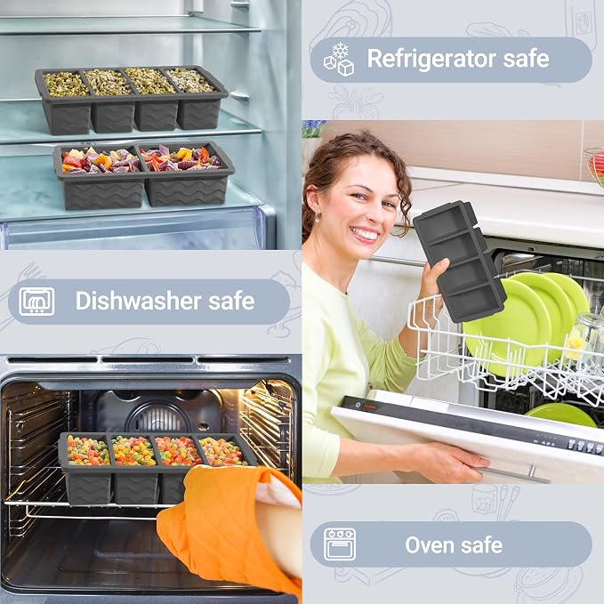 Silicone Freezer Trays with Lid for Soup, 1-Cup & 2-Cup Large Ice Cube Molds Food Storage Containers for Meal Prep, Freeze 500mL/250mL/125mL Portions – 2 Pack