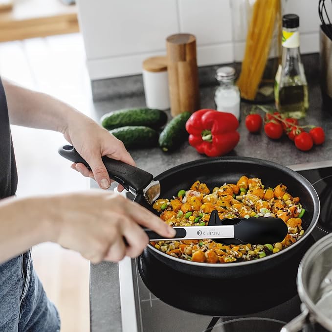 Oliver's Kitchen ® Tongs - 2x Food Safe Silicone Cooking Tongs - Locking Clip for Easy Storage - Great for BBQ - Easy To Use & Grip Kitchen Tongs - Stylish Stainless Steel Design