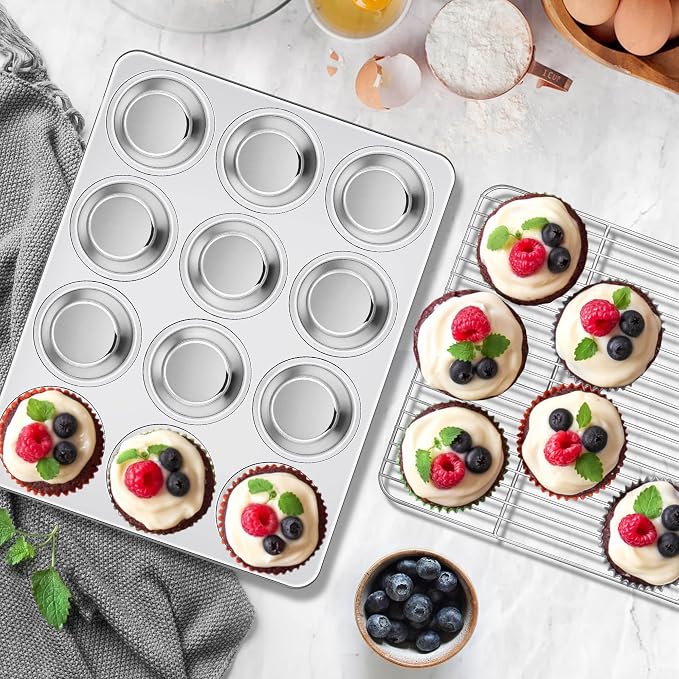 Homikit 2 Pack Muffin Pan, Stainless Steel Cupcake Tin with 12 Cups Regular Size, 13.8" x 10.4" Nonstick Metal Egg Bites Tray for Oven Baking, Non Toxic & Rust Free, Easy Release & Dishwasher Safe