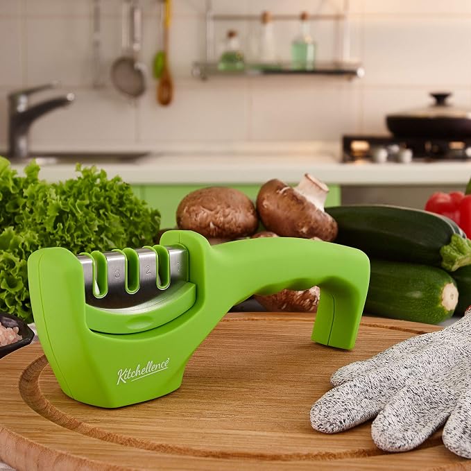 4-in-1 Kitchen Knife Accessories: 3-Stage Knife Sharpener Helps Repair, Restore and Polish Blades and Cut-Resistant Glove