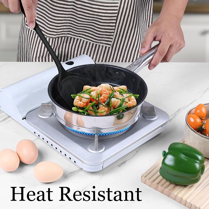 LIANYU Non-Toxic Cooking Utensils Set of 8, Silicone Black Kitchen Utensils Set for Non-Stick Cookware, Healthy Kitchen Tools with Spatula & Spoon, Stainless Steel Core, Healthy & Heat Resistant