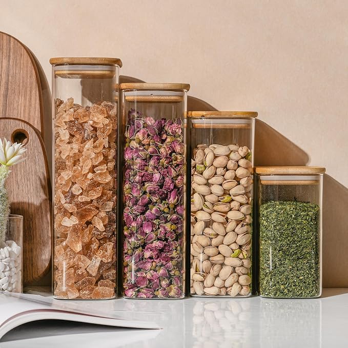 D2scrma 37oz Rectangle Airtight Glass Storage Containers with Bamboo Lids (Set of 4), Square Food Storage Jar, Pantry Organizers for Cereal, Nuts, Snacks and Coffee beans (with Black Lable)