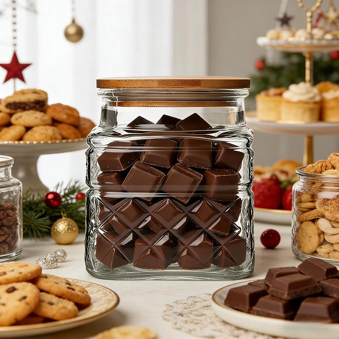 38 FL OZ Glass Storage Jar with Vintage Pattern and Airtight Lid,Square | Kitchen Pantry Coffee bar Canister for Coffee Sugar Cereal Nut Candy, Airtight Bamboo Lid, Thick Glass,Wide Mouth Opening