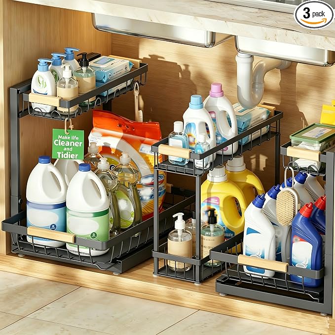 3 Pack Under Sink Organizer, Height Adjustable 2 Tier Pull-Out Metal Under Kitchen Sink Organizer, Multi-Purpose Storage Shelves for Kitchen Bathroom Cabinet