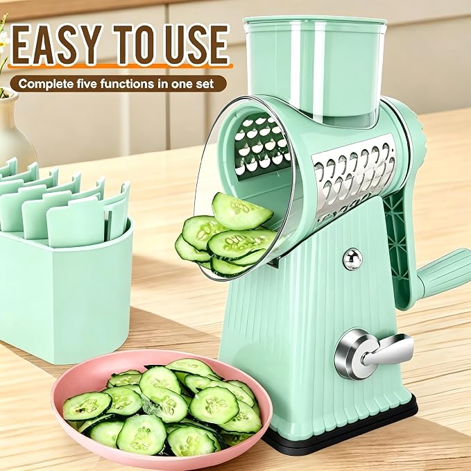 Rotary Cheese Grater with 5 Well-designed Blades & Strong Suction Base, Kitchen Mandoline Vegetable Slicer with Blade Storage Box (Aqua)