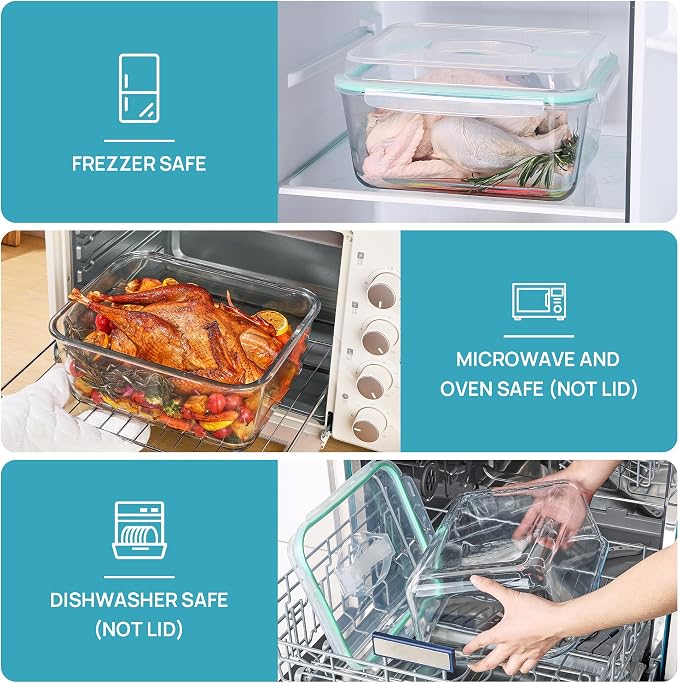 Vtopmart Extra Large Glass Food Storage Containers, 6.5L/220oz/27.5cup | Snap Airtight Lids, For Roasting Turkey, Chicken, Baking Casserole, Fruits, Party, BPA Free, Oven Safe, Freezer, Dishwasher