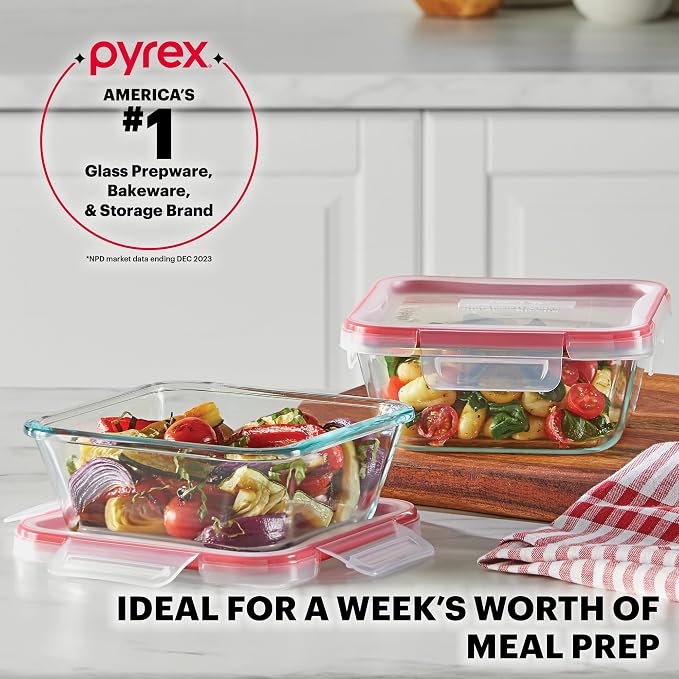 Pyrex Freshlock (5-Pack, 4 Cup) Glass Food Storage Containers Set | Meal prep containers with BPA-free plastic airtight locking lids, freezer, dishwasher, & microwave safe