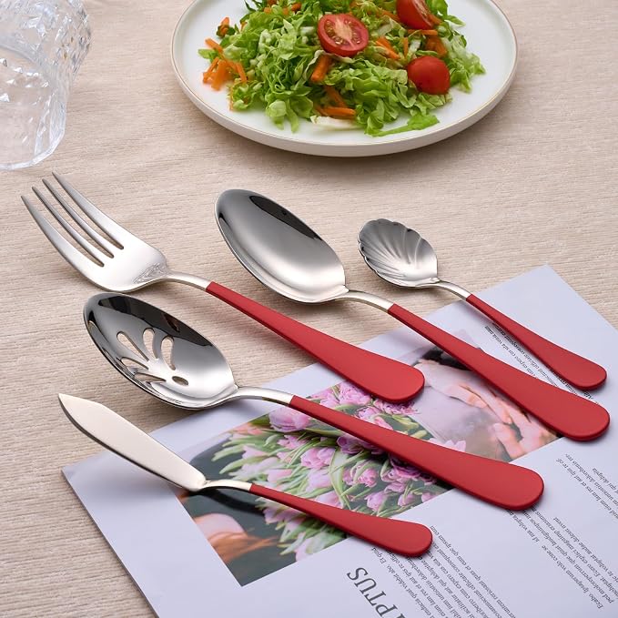 10 Pieces Red Serving Set, 18/0 Stainless Steel Hostess Set, Slotted Serving Spoon, Salad Spoon/Fork, Butter Knife, Two Color Combinations Set, Dishwasher Safe