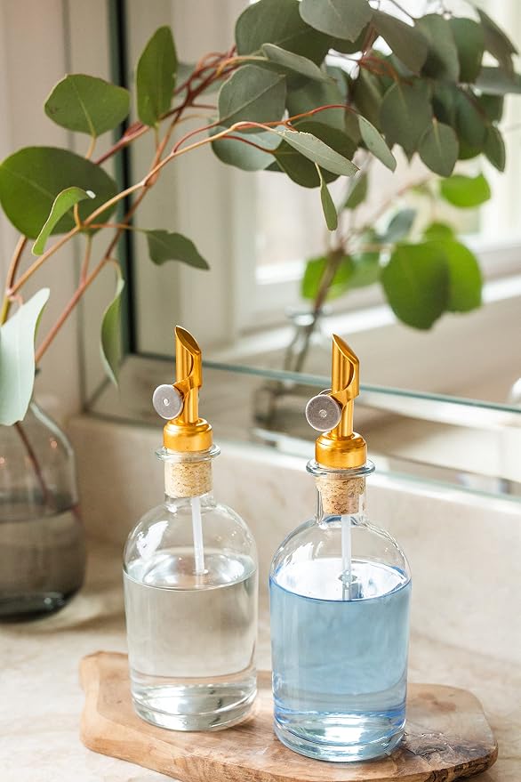 Rail19 Small Clear Glass Mouthwash Dispenser with Metal Pour Spout | Cooking Oil and Vinegar Dispenser - Perfect for The Bathroom, Kitchen and Tabletop, 8oz (Gold)