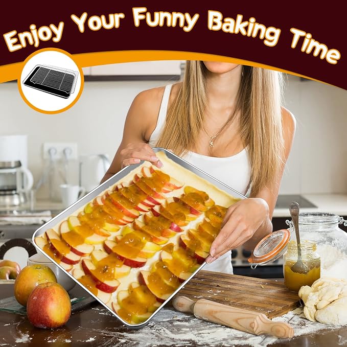 P&P CHEF 17.5 Inch Baking Sheet with Rack Set, Pans with Flat Racks | 2 Baking Sheets + 2 Cooling Wire Racks, Dishwasher & Oven Safe, Non-toxic & Lasting Use, Fit for Regular Oven