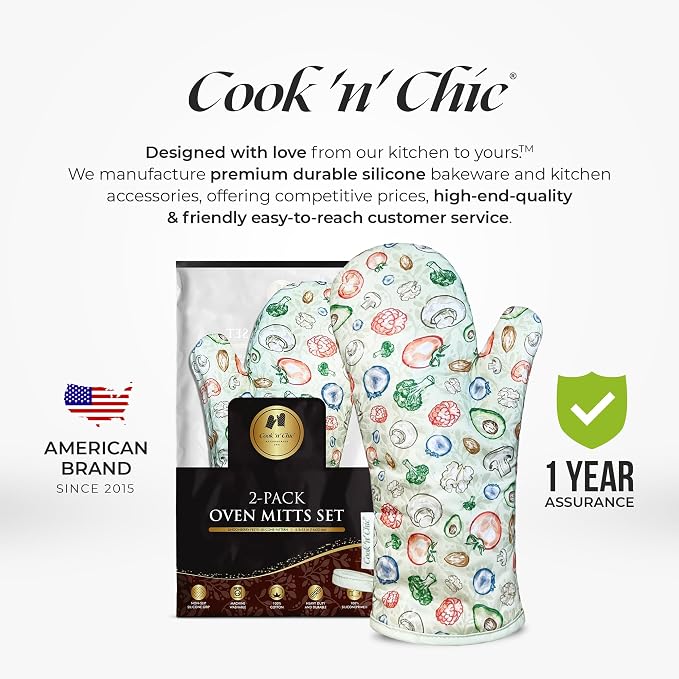 Premium Heat-Resistant Oven Mitts - Stylish and Beautiful - Non-Slip Platinum Silicone Grip - Long and Thick - 100% Natural Cotton Exterior and Soft Terry Cloth Lining - Cook'n'Chic Set of 2 - Green