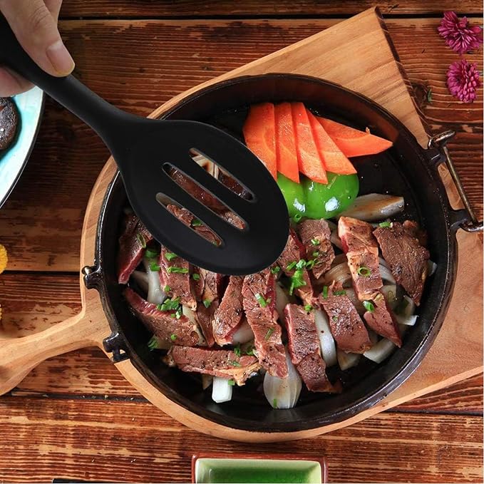 Linwnil 4 Pieces Silicone Slotted Spoons,10.6 Inch Nonstick Mixing Serving Spoons for Kitchen Cooking Bake Stir Draining Tool (2, Black)
