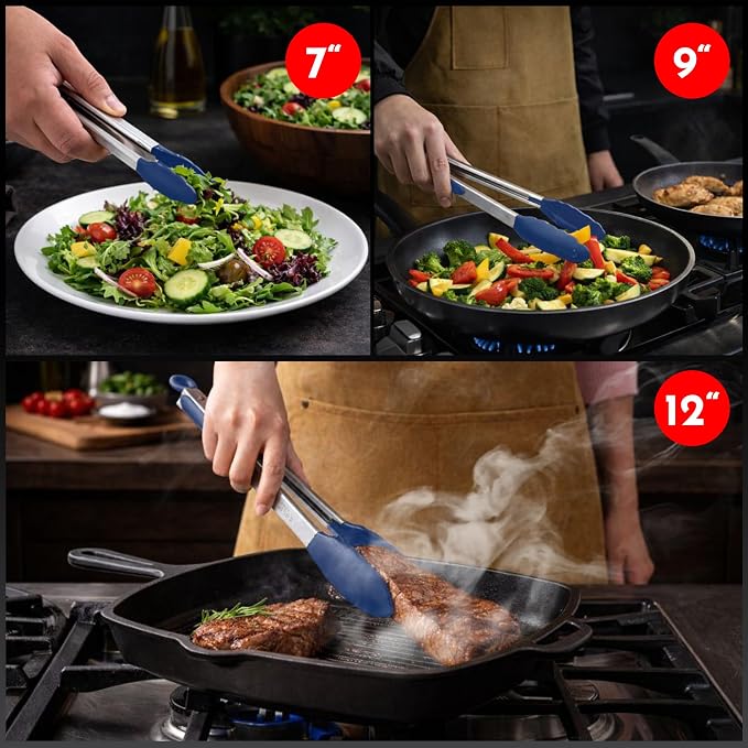 Kitchen Tongs with Silicone Tips Set of 3 Heat Resistant Tongs for Serving Food, 7-Inch, 9-Inch, 12-Inch Locking Silicone Tongs for Cooking, Salad Tong, Blue Kitchen Utensils