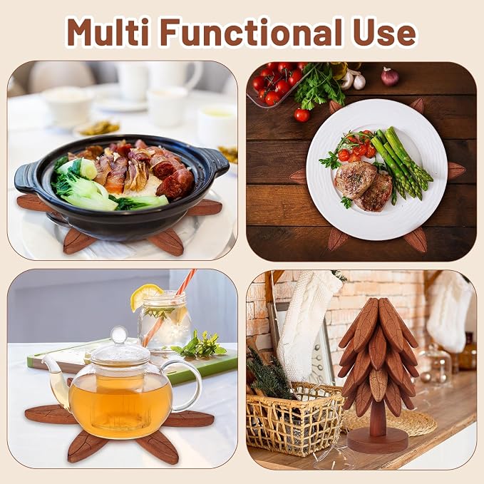 Wooden Trivet Set with Stand, 5 Pcs Tree Leaf Pattern Hot Pot Holders for Kitchen, Heat Resistant Sapele Wood Coasters for Hot Dishes, Pans, Teapots - Decorative Countertop Storage (Texture- 5 Pcs)