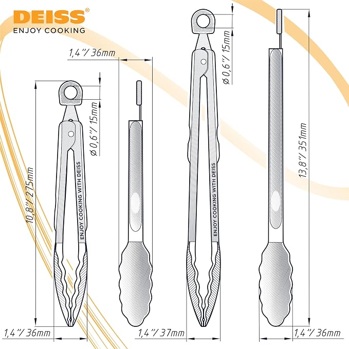 Deiss PRO Cooking Tongs with Silicone Tips - Kitchen Tongs for Cooking, BBQ, Air Fryer - Heat Resistant Silicone Tipped Tongs, Silicone Tongs for Nonstick Cookware - Pull Lock, Set of 2, 9'' and 12''